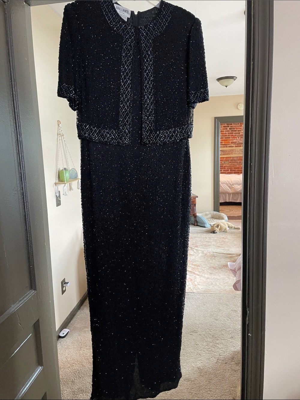 Elegant Black Beaded Evening Dress with attached Cropped Jacket vintage